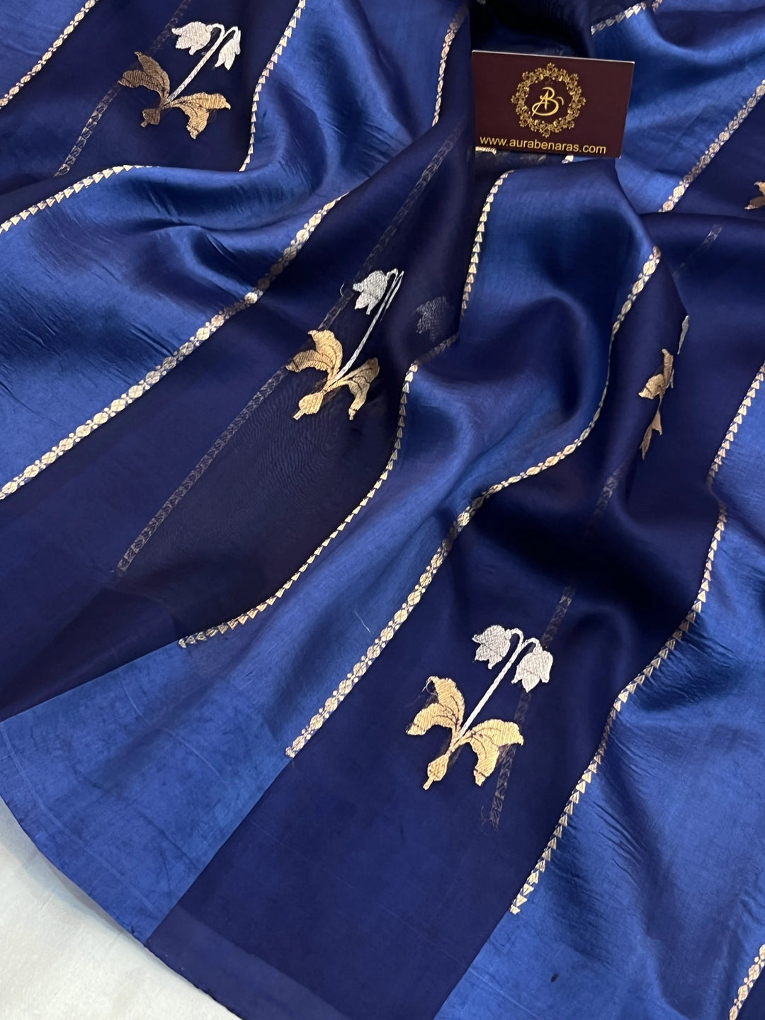 Navy Blue Kora & Silk Banarasi Saree with Stripes & Butis