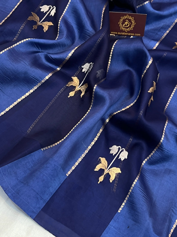 Navy Blue Kora & Silk Banarasi Saree with Stripes & Butis
