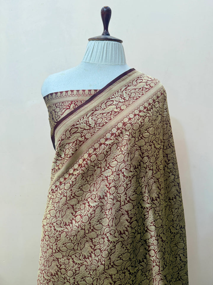Maroon Pure Katan silk Handloom Banarasi Saree