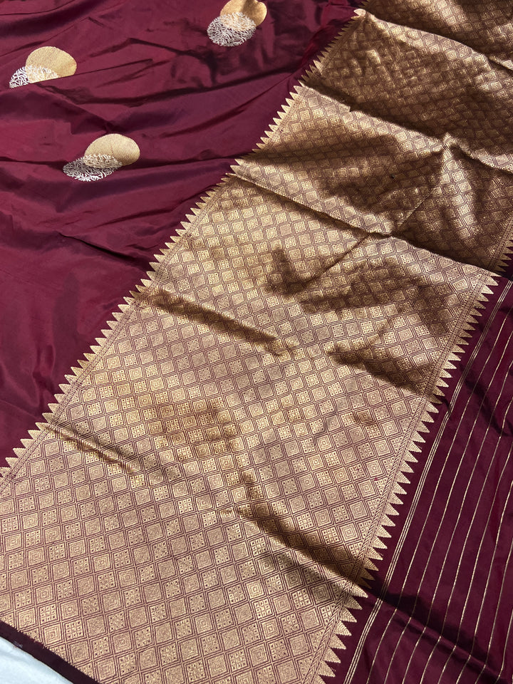 Garnet Pure Katan Silk Banarasi Saree Kadhwa Zari Buta Work