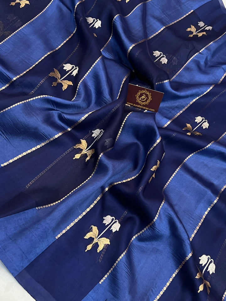 Navy Blue Kora & Silk Banarasi Saree with Stripes & Butis