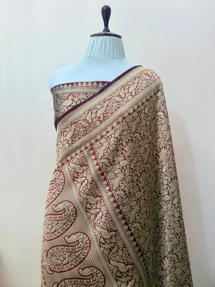 Maroon Pure Katan silk Handloom Banarasi Saree