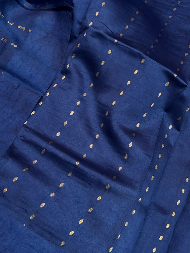 Navy Blue Kora & Silk Banarasi Saree with Stripes & Butis