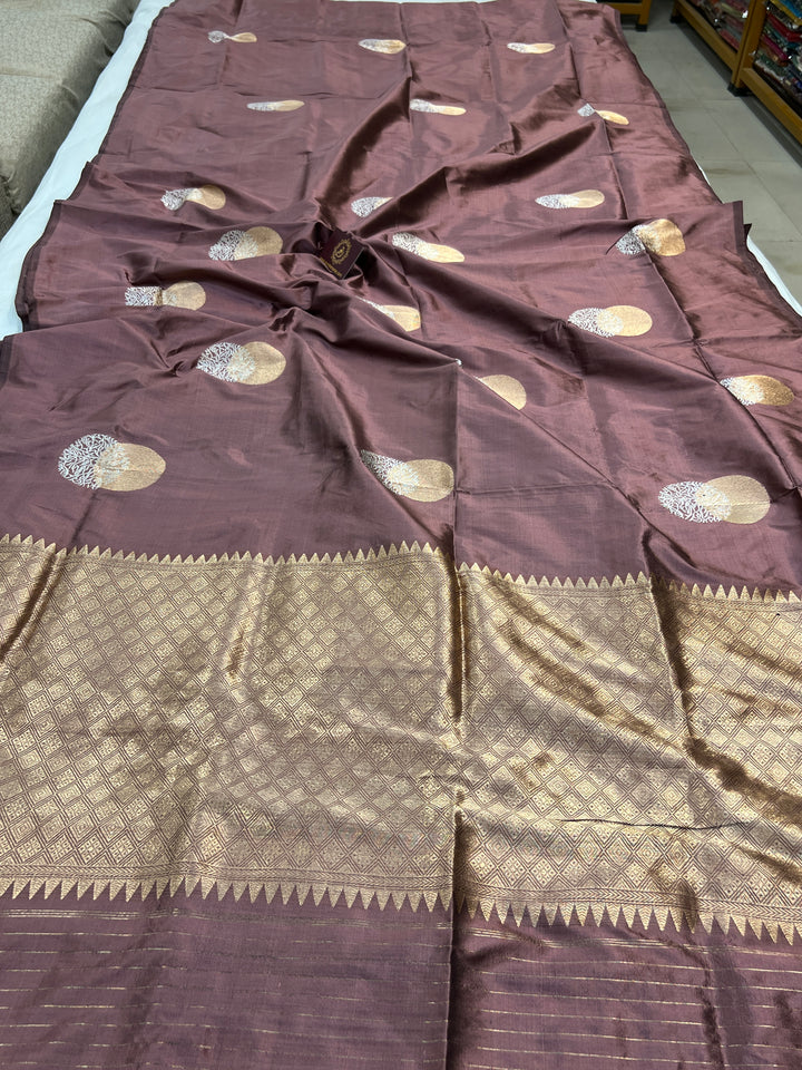 Dusty Rose Pure Katan Silk Banarasi Saree Kadhwa Zari Buta Work