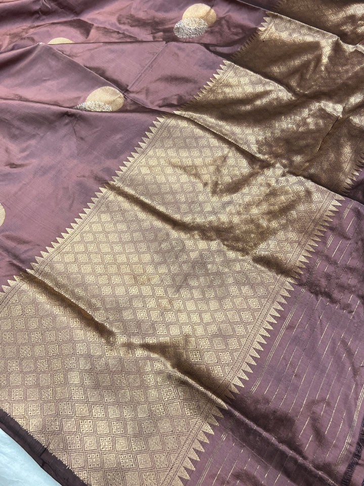 Dusty Rose Pure Katan Silk Banarasi Saree Kadhwa Zari Buta Work