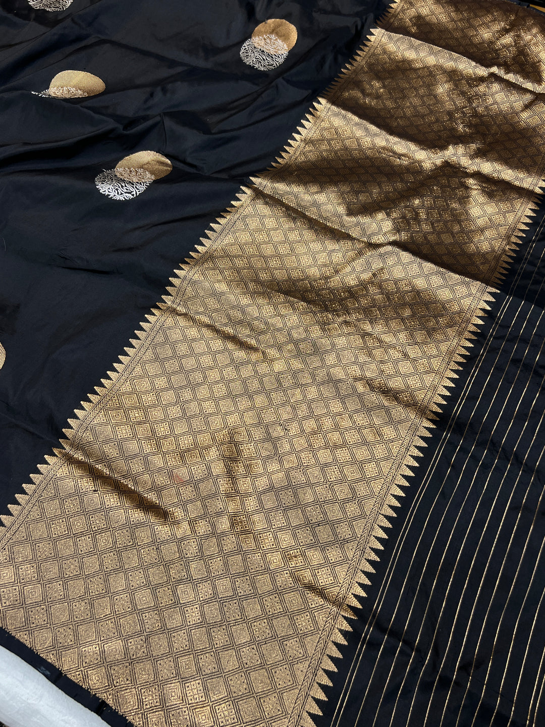 Black Pure Katan Silk Banarasi Saree Kadhwa Zari Buta Work
