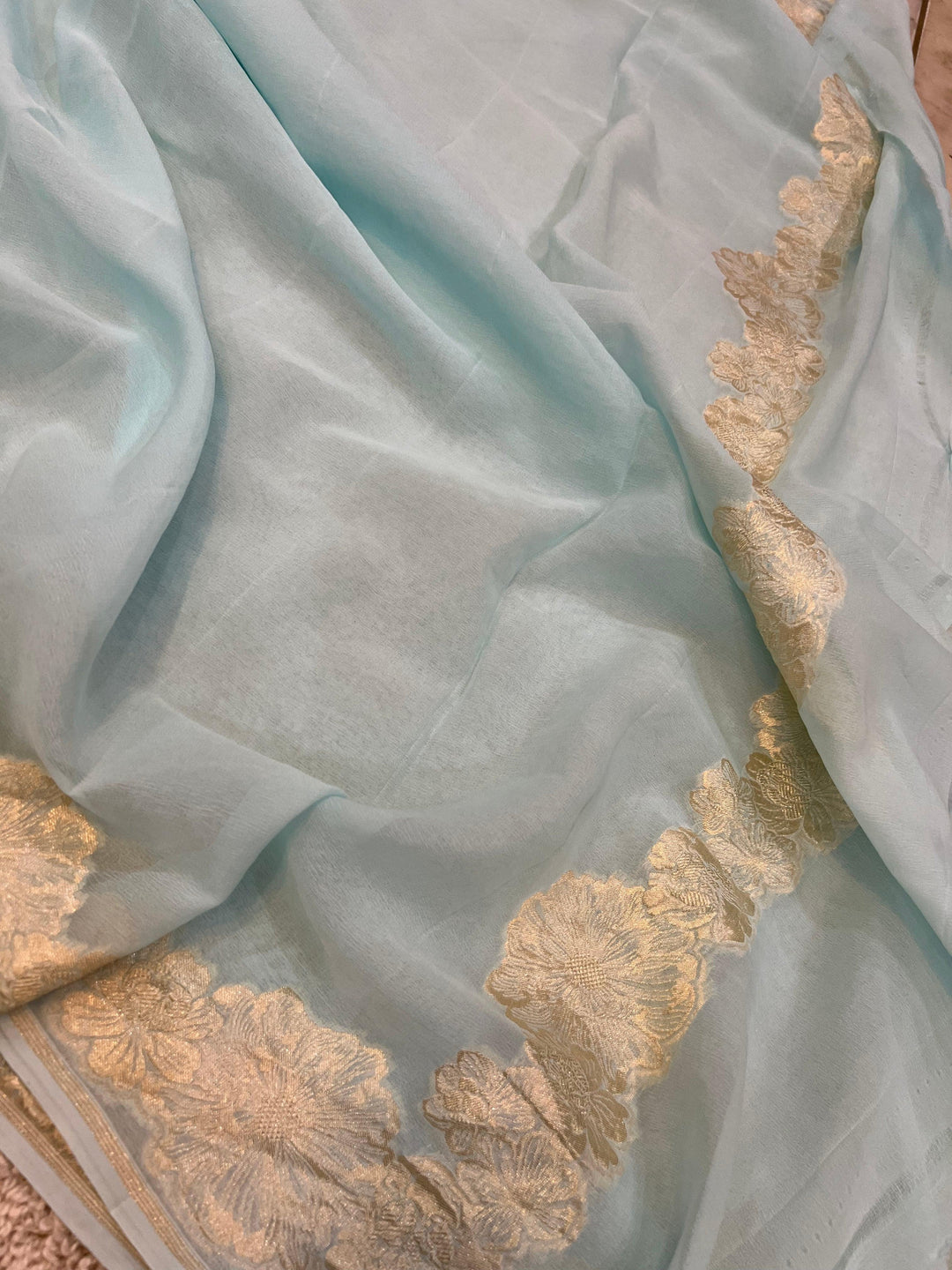 Pale Blue Pure Banarasi Handloom Khaddi Georgette Saree - Aura Benaras