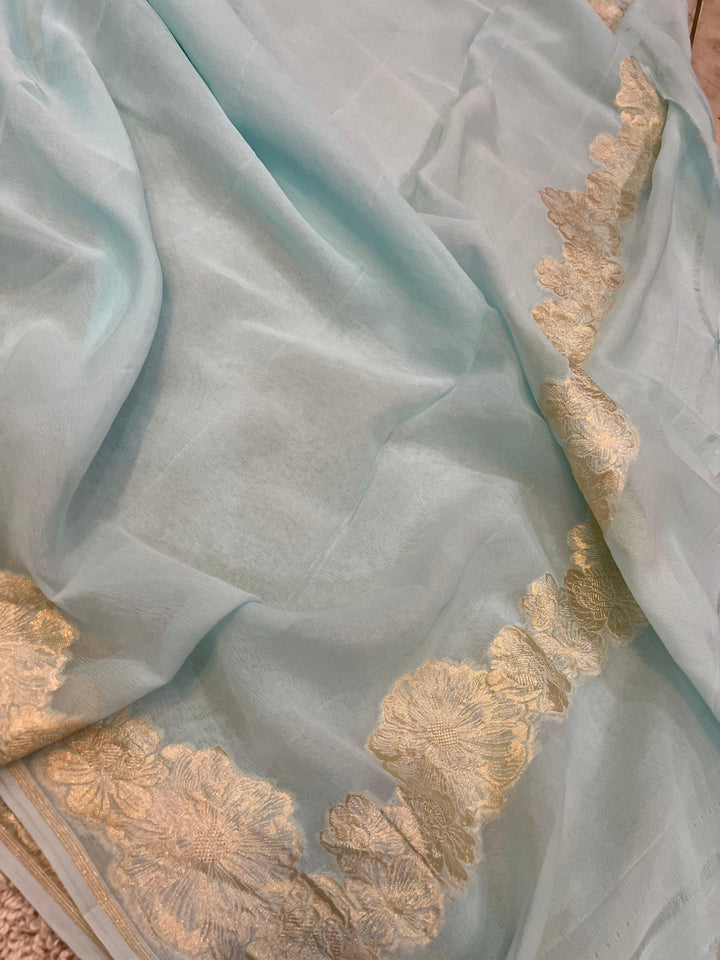 Pale Blue Pure Banarasi Handloom Khaddi Georgette Saree - Aura Benaras