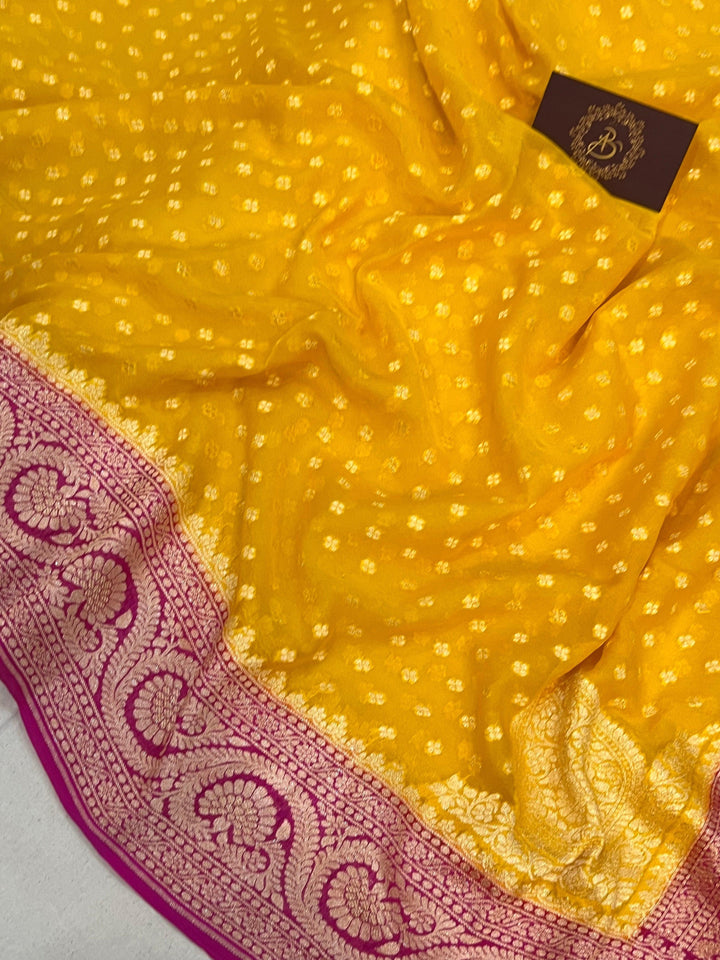 Yellow Pure Banarasi Khaddi Georgette Saree - Aura Benaras