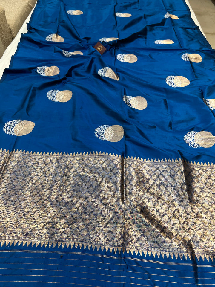 Deep Blue Pure Katan Silk Banarasi Saree Kadhwa Zari Buta Work