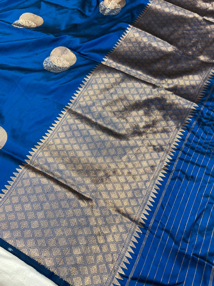 Deep Blue Pure Katan Silk Banarasi Saree Kadhwa Zari Buta Work