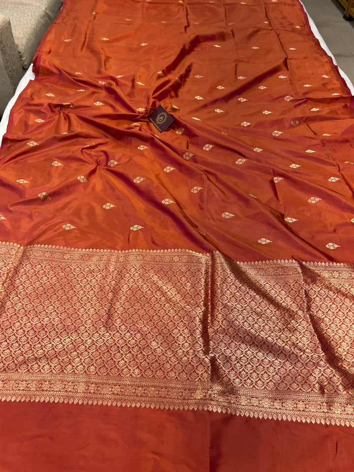 Rust Orange Pure Banarasi Handloom Katan Silk Saree