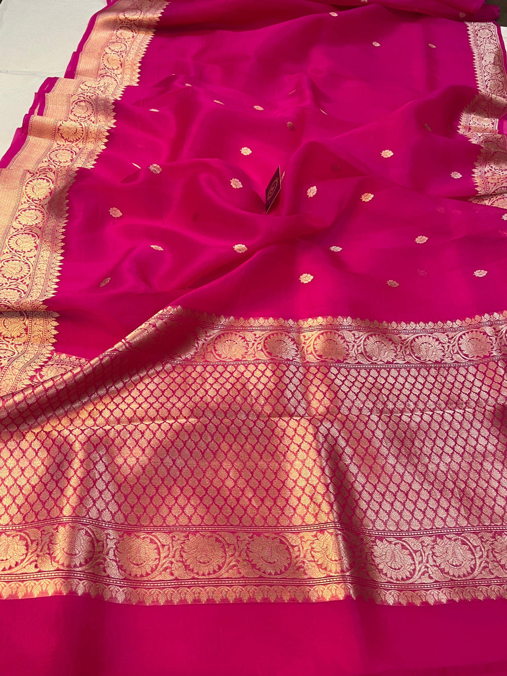 Rani Pink Banarasi Handloom Kora Silk Saree - Aura Benaras