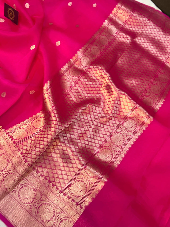 Rani Pink Banarasi Handloom Kora Silk Saree - Aura Benaras