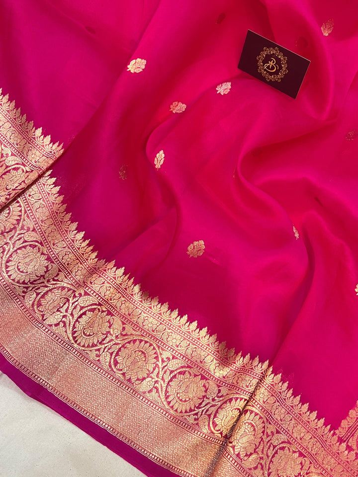 Rani Pink Banarasi Handloom Kora Silk Saree - Aura Benaras