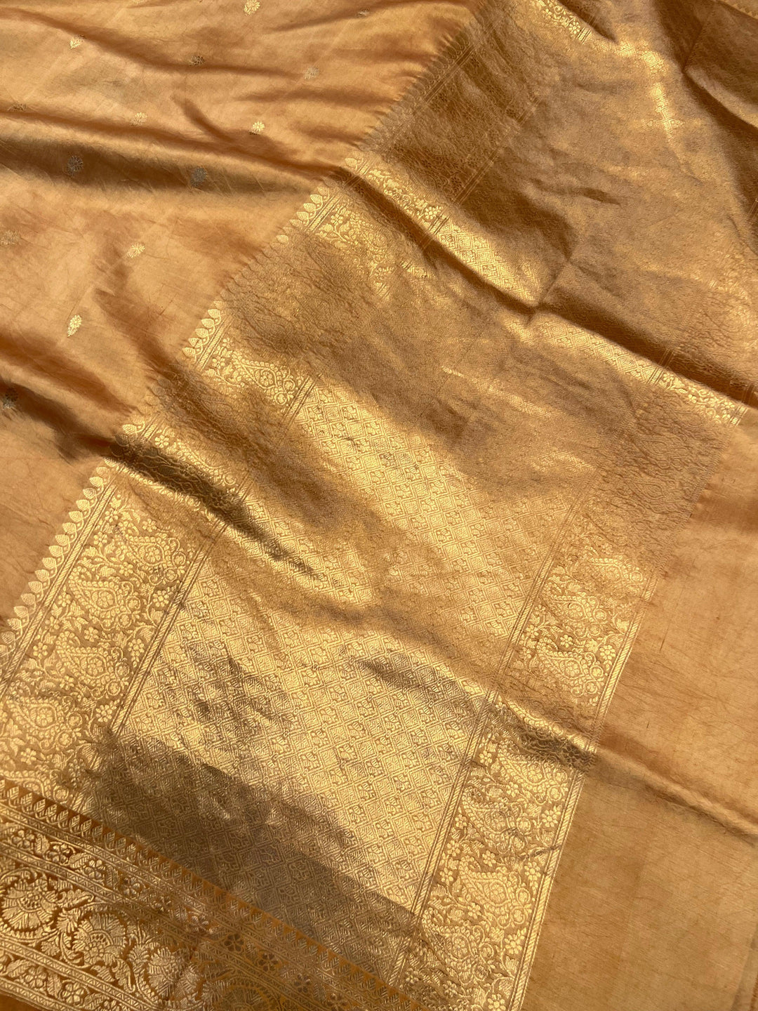 Golden Pure silk handloom Banarasi saree with Kadhwa butis, golden zari border, and striped blouse piece in rich traditional design