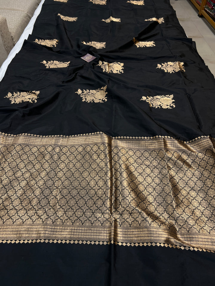 Black Pure Katan Silk Banarasi Saree Kadhwa Zari Buta Work