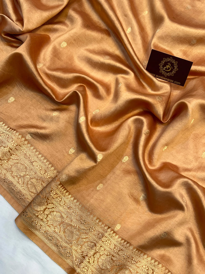 Golden Pure silk handloom Banarasi saree with Kadhwa butis, golden zari border, and striped blouse piece in rich traditional design