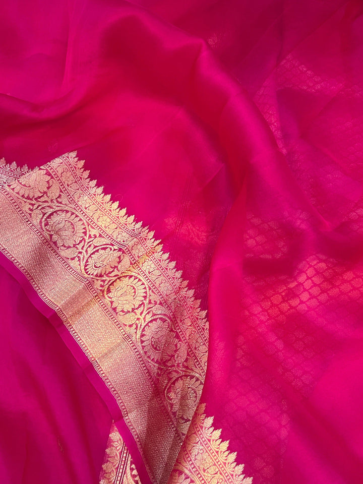 Rani Pink Banarasi Handloom Kora Silk Saree - Aura Benaras