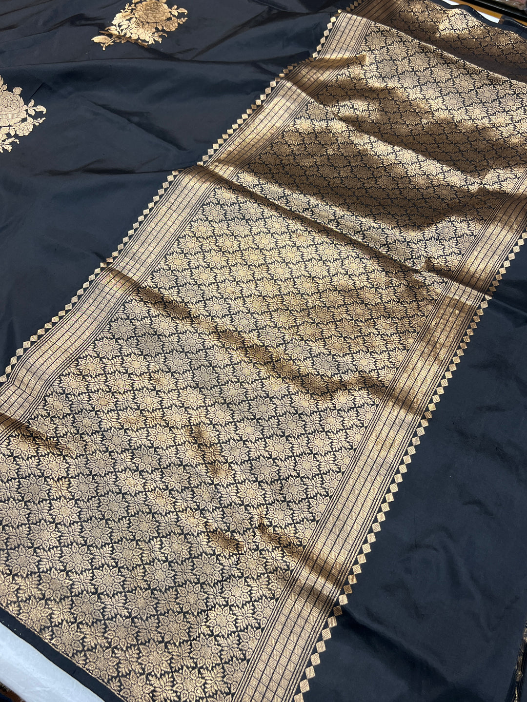Black Pure Katan Silk Banarasi Saree Kadhwa Zari Buta Work