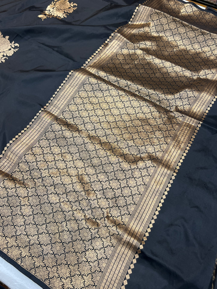 Black Pure Katan Silk Banarasi Saree Kadhwa Zari Buta Work