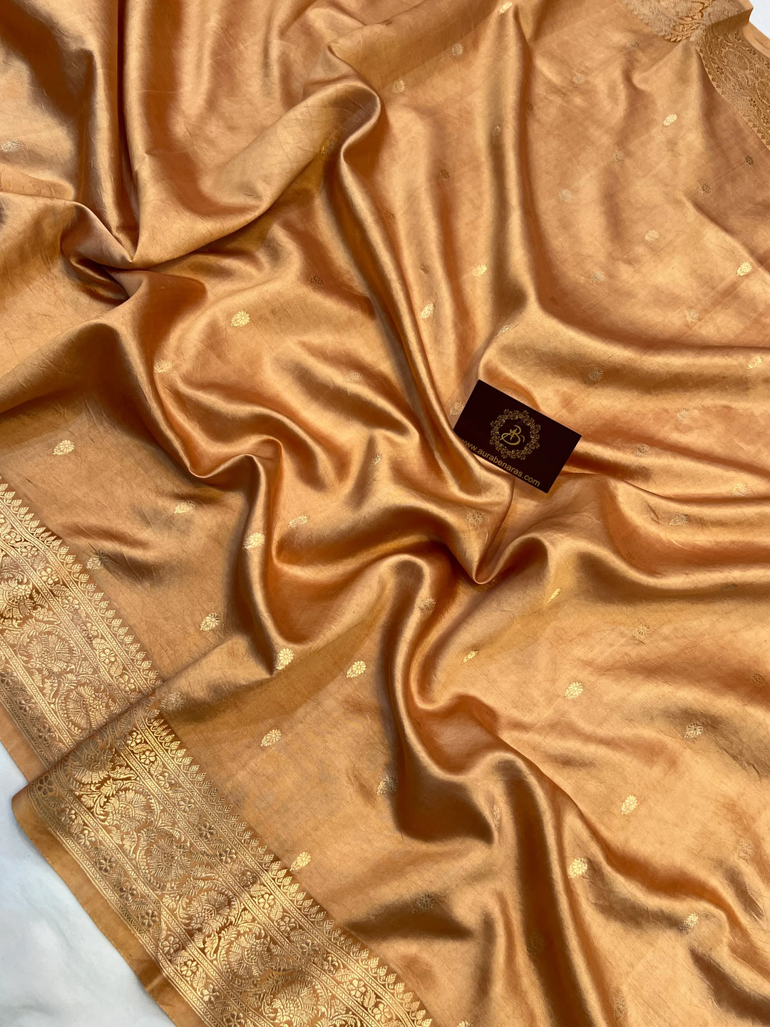 Golden Pure silk handloom Banarasi saree with Kadhwa butis, golden zari border, and striped blouse piece in rich traditional design