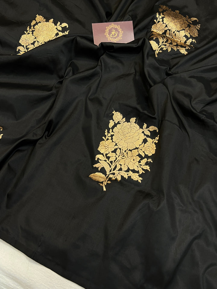 Black Pure Katan Silk Banarasi Saree Kadhwa Zari Buta Work