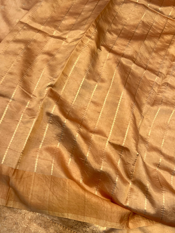 Golden Pure silk handloom Banarasi saree with Kadhwa butis, golden zari border, and striped blouse piece in rich traditional design