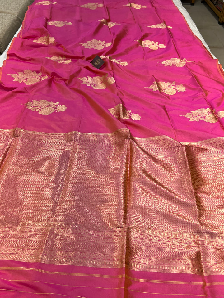 Orangish Pink Pure Katan Silk Banarasi Saree Kadhwa Zari Buta Work