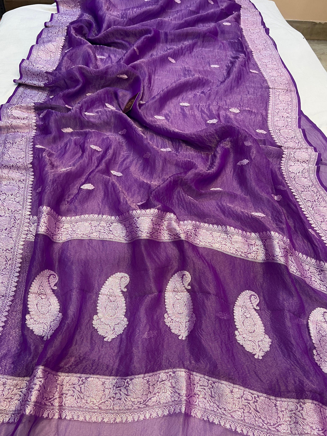 Pure Banarasi crush tissue silk saree with Kadhwa butis and silver zari border
