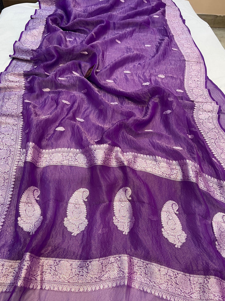 Pure Banarasi crush tissue silk saree with Kadhwa butis and silver zari border