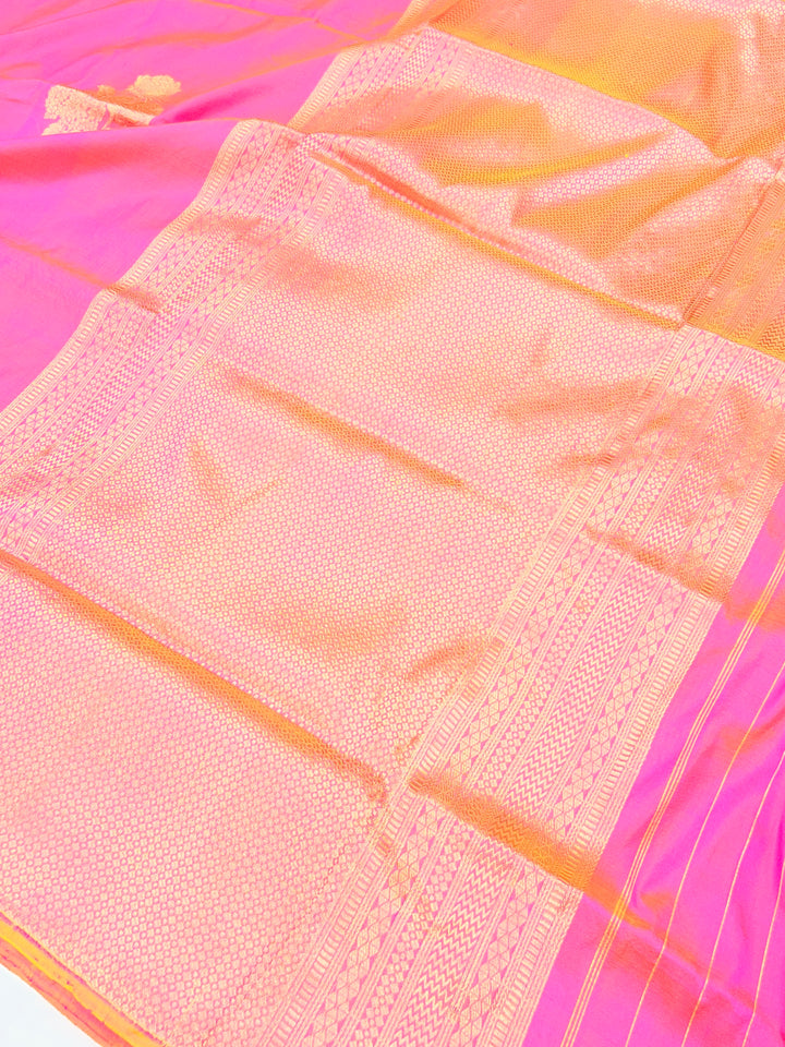 Orangish Pink Pure Katan Silk Banarasi Saree Kadhwa Zari Buta Work