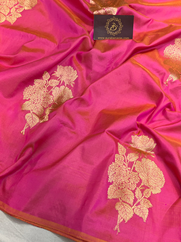 Orangish Pink Pure Katan Silk Banarasi Saree Kadhwa Zari Buta Work
