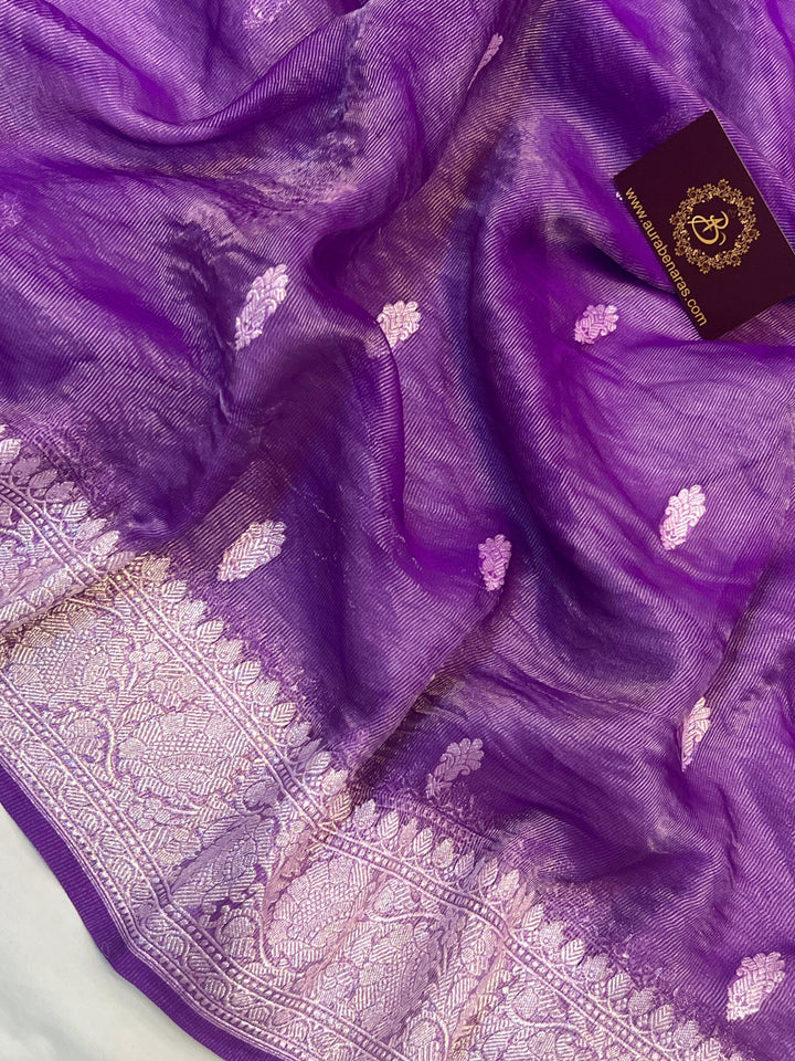 Pure Banarasi crush tissue silk saree with Kadhwa butis and silver zari border