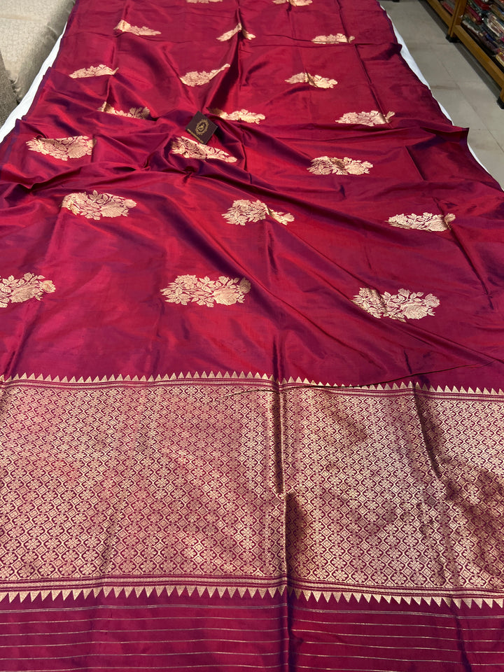 Deep Berry Pure Katan Silk Banarasi Saree Kadhwa Zari Buta Work
