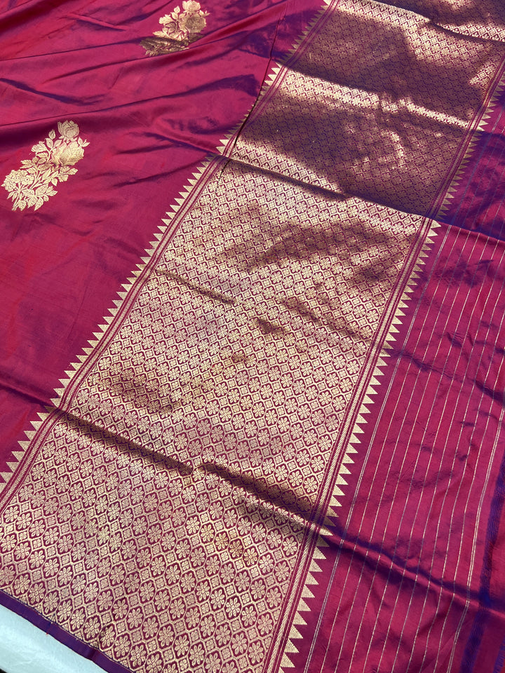 Deep Berry Pure Katan Silk Banarasi Saree Kadhwa Zari Buta Work