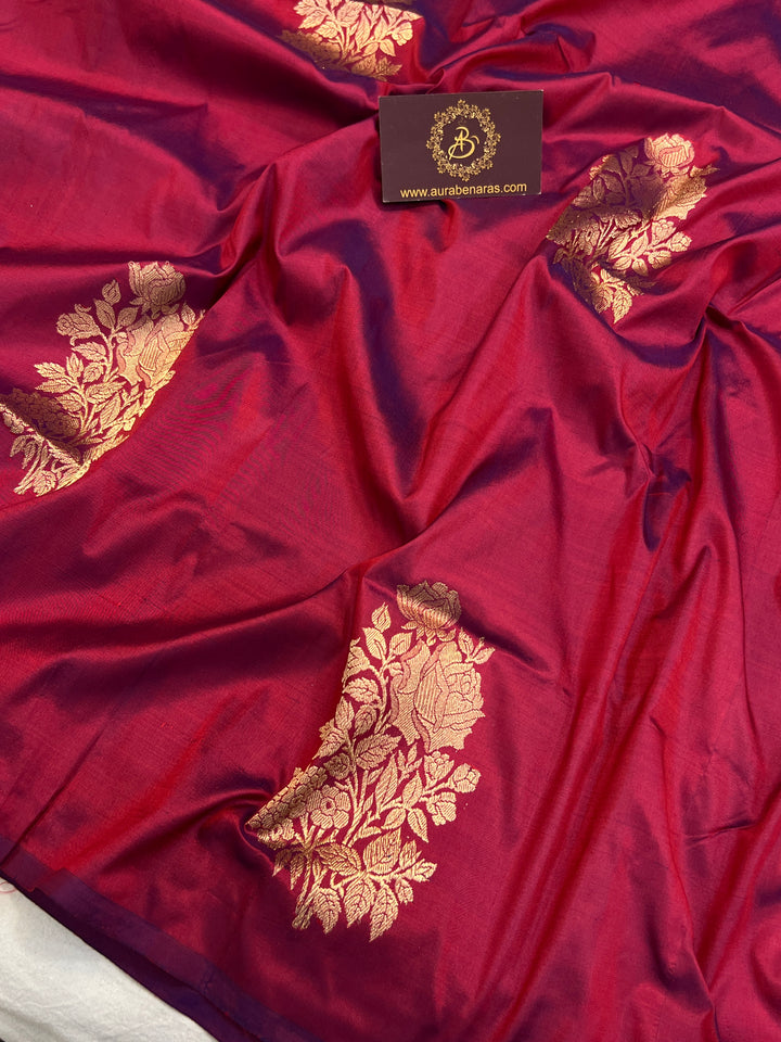 Deep Berry Pure Katan Silk Banarasi Saree Kadhwa Zari Buta Work