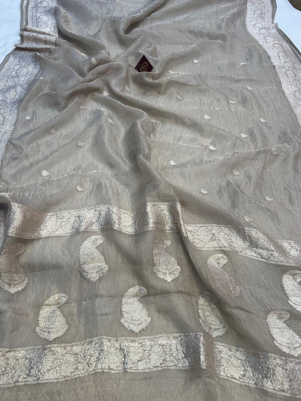 Pure Banarasi crush tissue silk saree with Kadhwa butis and silver zari border

