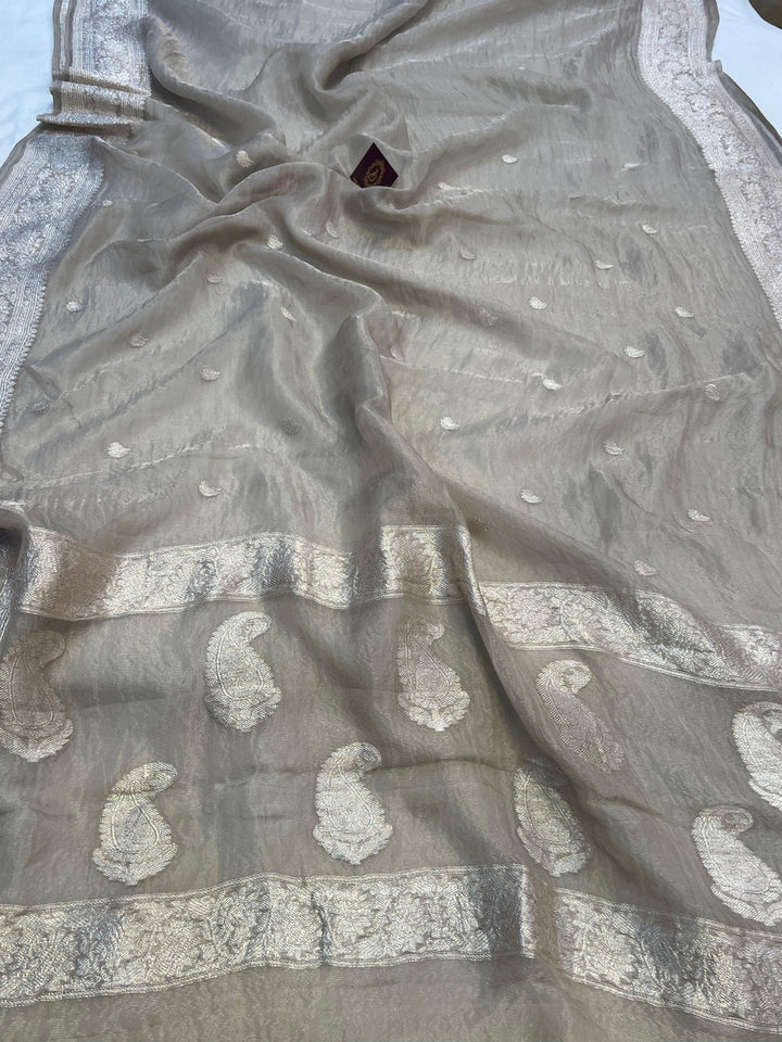 Pure Banarasi crush tissue silk saree with Kadhwa butis and silver zari border

