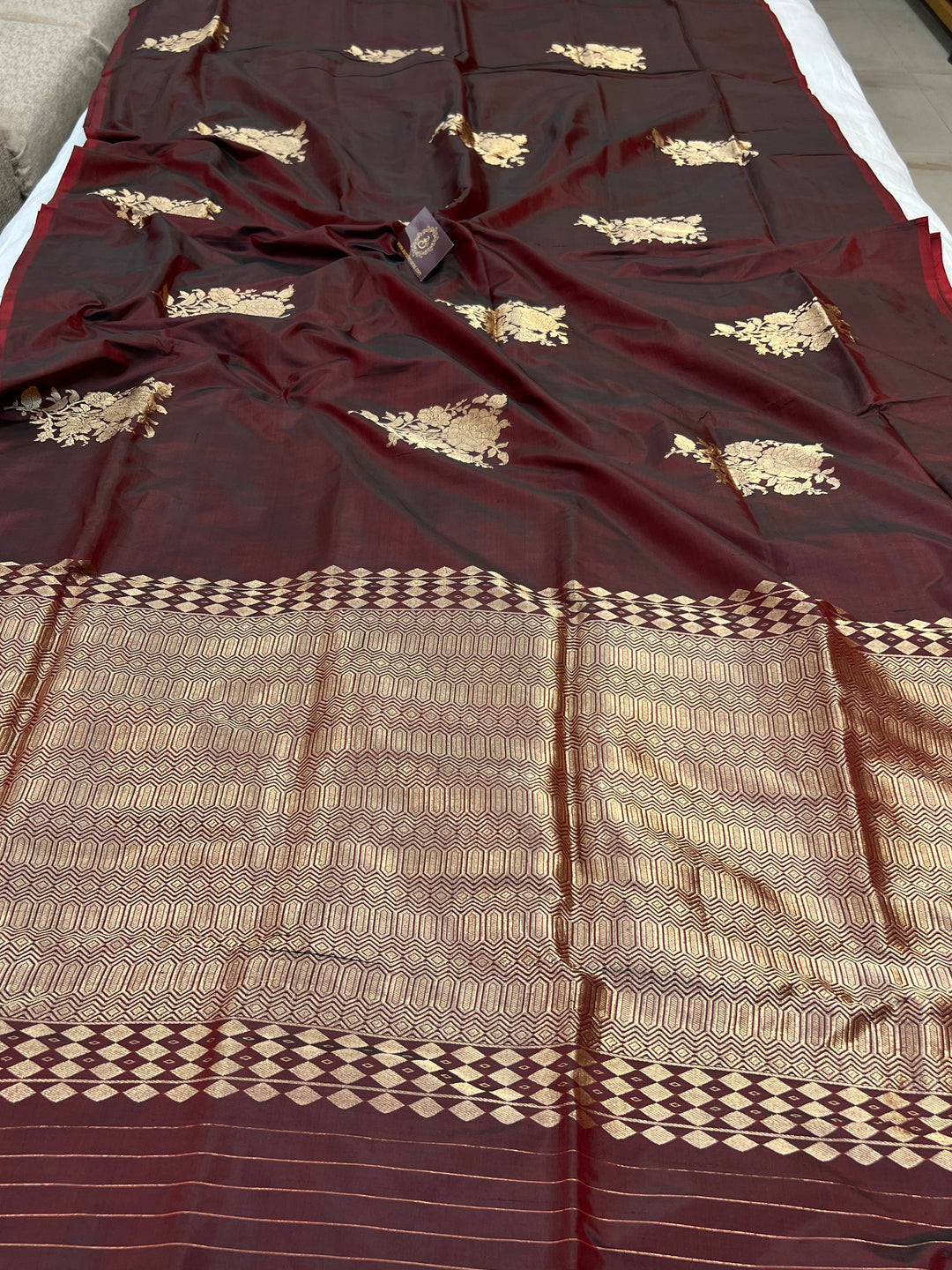 Browinsh Maroon Pure Katan Silk Banarasi Saree Kadhwa Zari Buta Work
