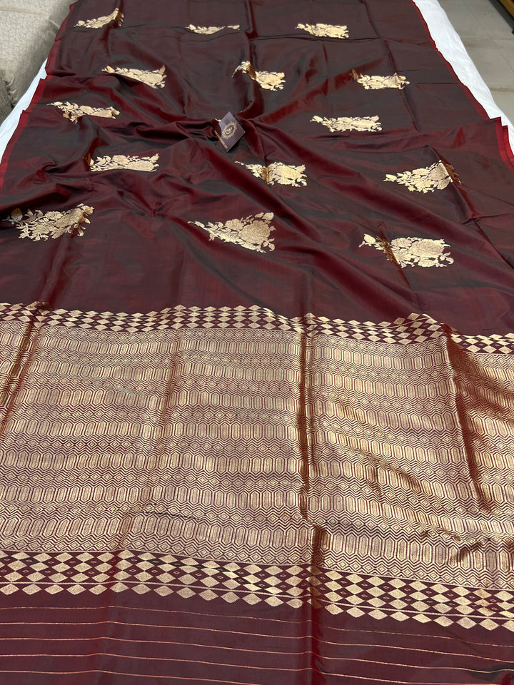 Browinsh Maroon Pure Katan Silk Banarasi Saree Kadhwa Zari Buta Work