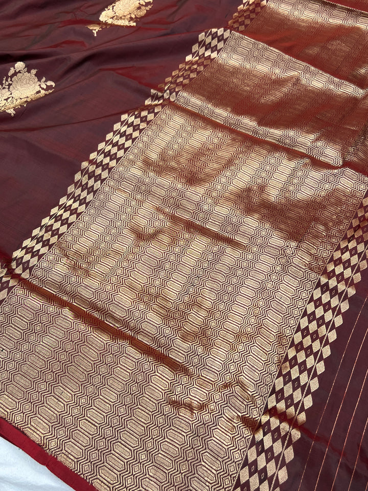 Browinsh Maroon Pure Katan Silk Banarasi Saree Kadhwa Zari Buta Work