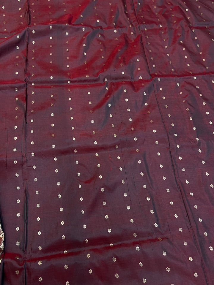 Browinsh Maroon Pure Katan Silk Banarasi Saree Kadhwa Zari Buta Work