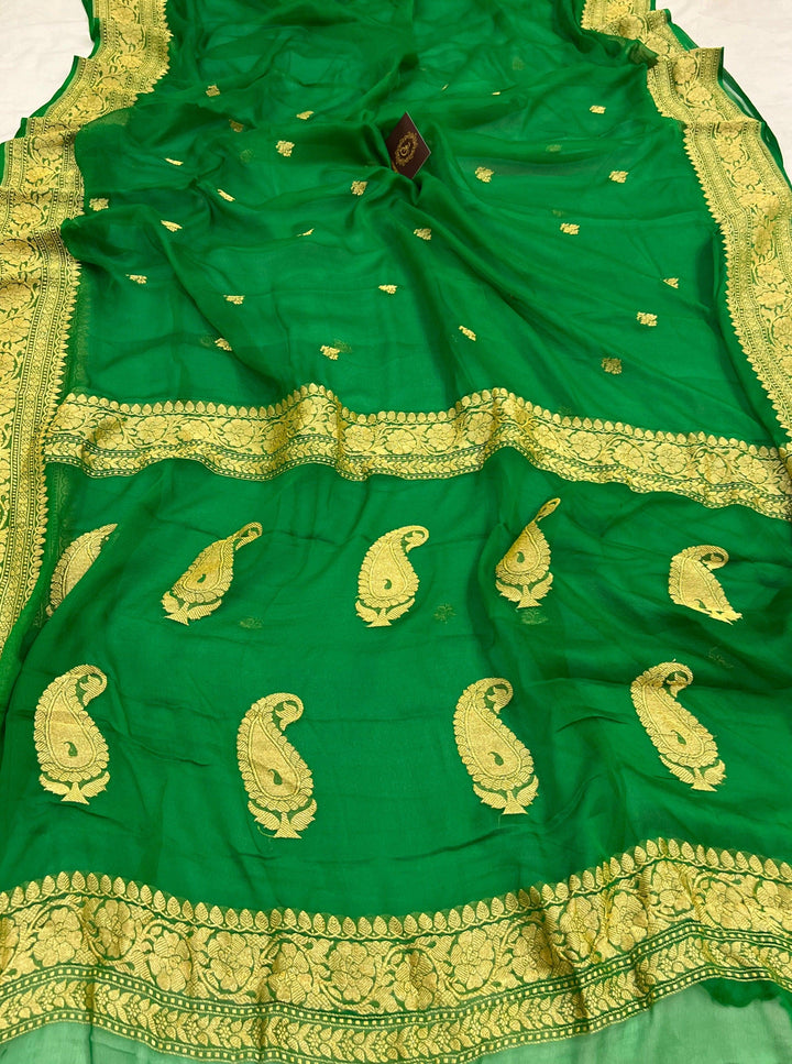 Green Khaddi Chiffon Banarasi Handloom Saree - Aura Benaras