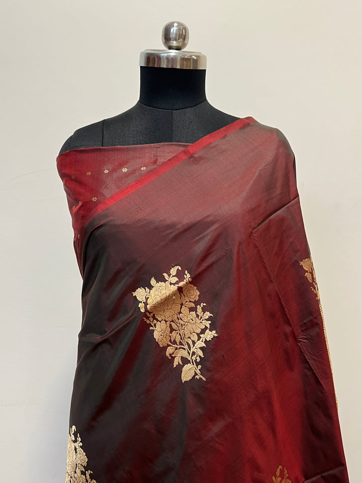 Browinsh Maroon Pure Katan Silk Banarasi Saree Kadhwa Zari Buta Work