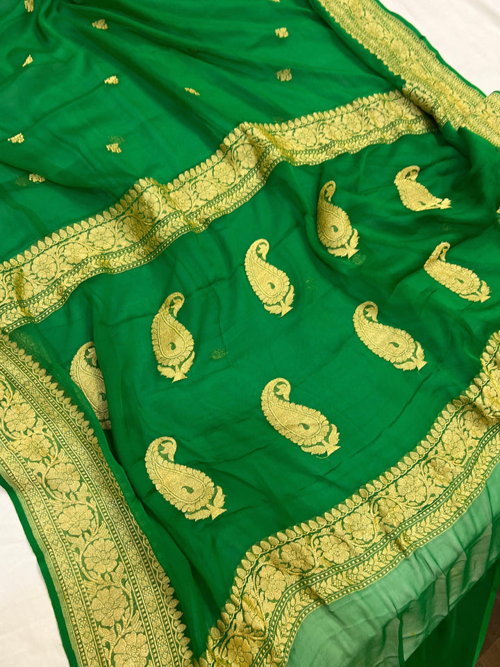 Green Khaddi Chiffon Banarasi Handloom Saree - Aura Benaras