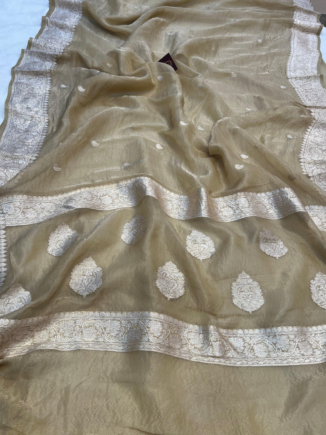 Pure Banarasi crush tissue silk saree with Kadhwa butis and silver zari border