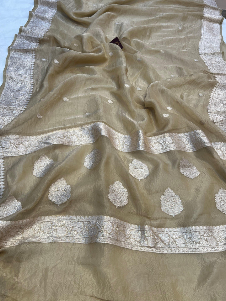 Pure Banarasi crush tissue silk saree with Kadhwa butis and silver zari border