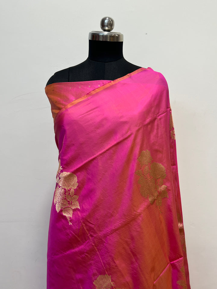 Orangish Pink Pure Katan Silk Banarasi Saree Kadhwa Zari Buta Work