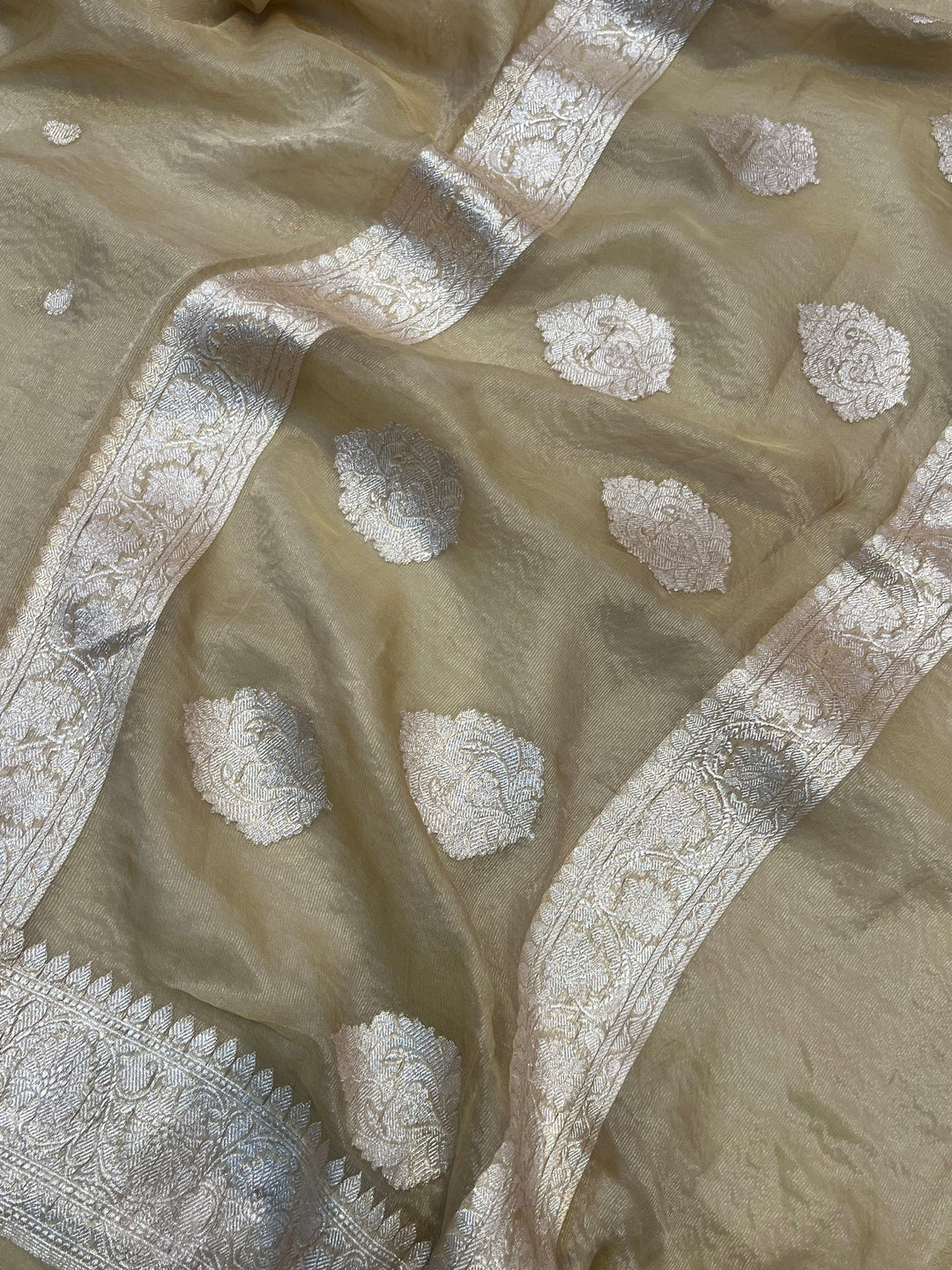 Silver zari Kadhwa border and handwoven butis on Banarasi tissue silk saree
